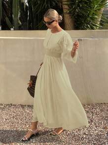 Livesso Long Sleeve Solid Color Waist Splice Lace Trim Casual Elegant Fall Maxi Dress For Women - Yellow - View 3