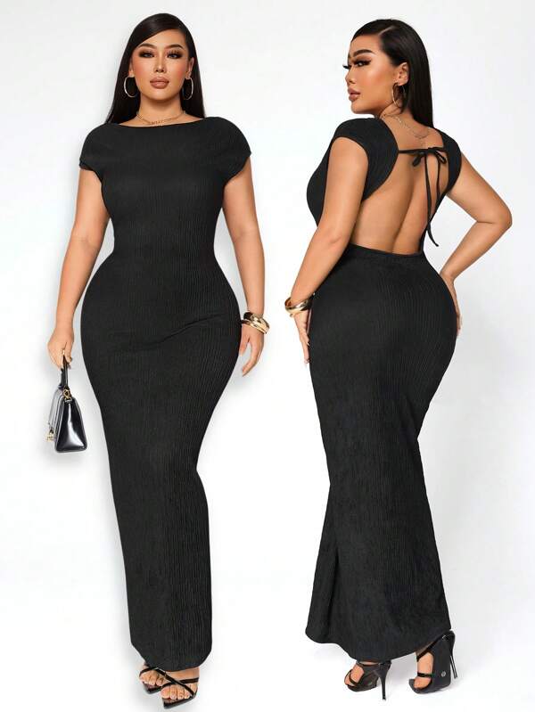 SHEIN SXY Vestido ajustado negro ceñido y sin espalda para mujer talla grande, adecuado para calle, casual, sexy, viaje diario, compras, citas. Fresco, cómodo de usar, fácil de combinar y se ve delgado, resalta tu figura, favorece la silueta, primavera/verano