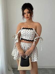 INAWLY Ensemble 2 pièces nouvelle collection été, Top court à volants à imprimé pois élégant à nœud papillon, plus pantalon ample à taille élastique pour femmes grande taille
