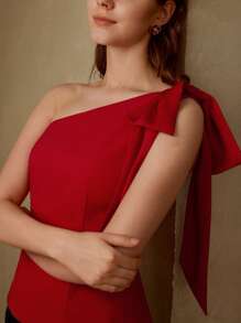 MOTF PREMIUM ÁO BLOUSE CỔ KHÔNG ĐỐI XỨNG CÓ NƠ CHI TIẾT - Đỏ - Xem 6