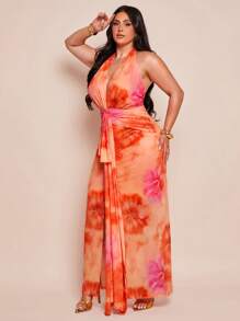 SHEIN BAE Plus Size Women Elegant Long V-Neck Knit Dress, 4th Of July Curve,Wedding Guest Dress Women,Back To School Girls Clothes,Girls Summer Outfits,Fall Clothes,School Clothes,Halloween,Winter,Y2k Clothes ,Vintage,Vacation Outfits Woman,Floral Dress - Orange - View 6