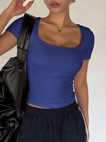 DAZY Women's Square Neck Short Sleeve Casual Slim Fit Cropped T-Shirt, Sexy