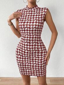 SHEIN LUNE Elegant Houndstooth Sleeveless Fitted Mini Dress For Summer - Red - View 4