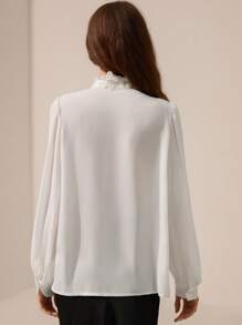 Chiquease White Elegant Women Chiffon Shirt,Exquisite Decorative Floral Design,Stand Collar,Princess Sleeves,Autumn Tea Party High-End Formal Cloth - White - View 3