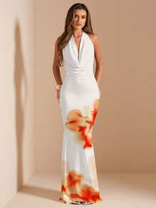 SHEIN BAE Vestido largo con estampado floral, cuello drapeado y ajuste ceñido para mujer, uso casual de verano - Multicolor - Ver 6