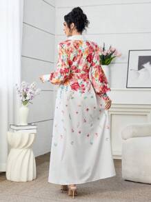 SHEIN Najma Elegant Placement Floral V-Neck Button Up Young Fashion Women Dress - Multicolor - View 2