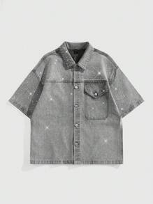 ROMWE MEN ROMWE Avant Camisa vaquera de verano para hombre con aplicaciones de rhinestones a la moda