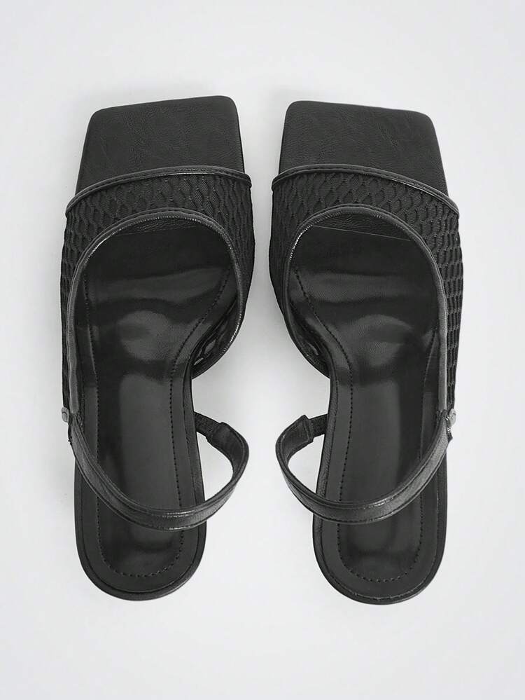 Women's Summer New Arrival French Square Toe High Heel Sandals, Classic Black Mesh Crisscross Strap Thin Heel