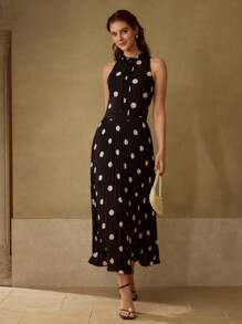 MOTF PREMIUM POLKA DOT PRINT PLEATED LONG DRESS - Black - View 6