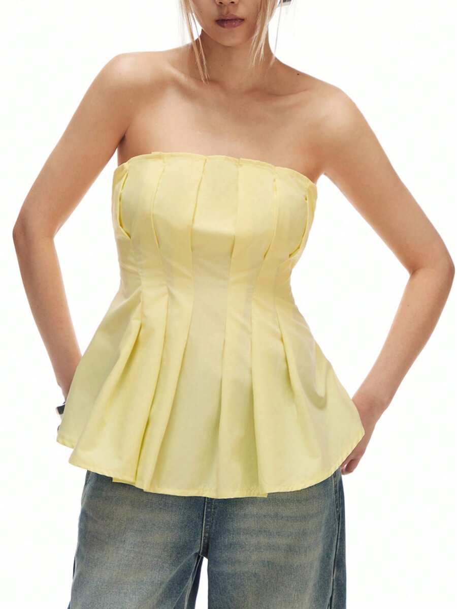 LYSMO 2025 Women's Pleated Slim Waist Ruched Back Slit Strapless Shirt Blouse,Pale Yellow Summer Elegant Brunch Minimalist Casual Style Vacation Date Top - Yellow - View 1
