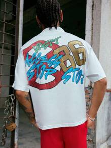 PAVTROS Manfinity Streetrush Men's Street Slogan Print T-Shirt And Shorts Set,White And Red Summer Streetwear City Break,Graphic Tees & Street Wear Co-Ords - Multicolor - View 2