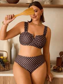 Swim Chiccia Swim Chiccia Women's Elegant Retro Floral Print Sexy V-Neck Wide Strap High-Waisted Slimming Plus Size Bikini Set, Summer