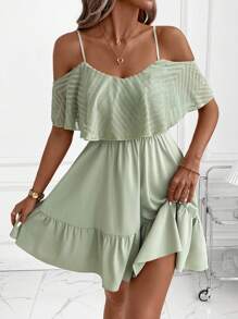 SHEIN Clasi Vestido elegante de verano para mujer de tela fresca con parches de hoja de loto de unicolor y manga de hoja de loto acampanada con cintura ceñida, adecuado para diversas ocasiones como commuting diario, hogar, viajes y vacaciones, etc. - Verde - Ver 4