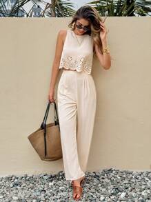 SHEIN Frenchy 2 pezzi/set Top e pantaloni con vita elastica e pizzo traforato per donne - Albicocca - Visualizzare 5
