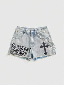 ROMWE Grunge Punk 街頭復古水洗哥德印花鏈條十字架女款牛仔短褲 - 藍色 - 查看 1