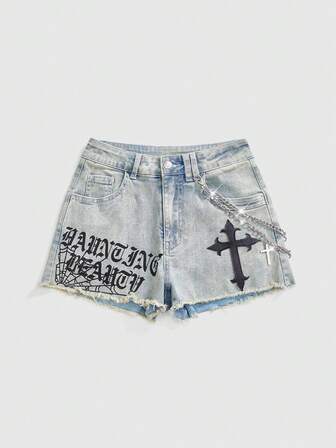 Grunge Punk Pantaloncini in denim da donna con stampa gotica lavata, catena e croce, stile street retro