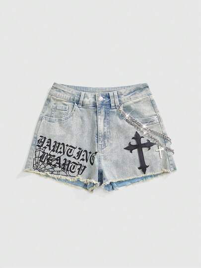 Grunge Punk Pantaloncini in denim da donna con stampa gotica lavata, catena e croce, stile street retro