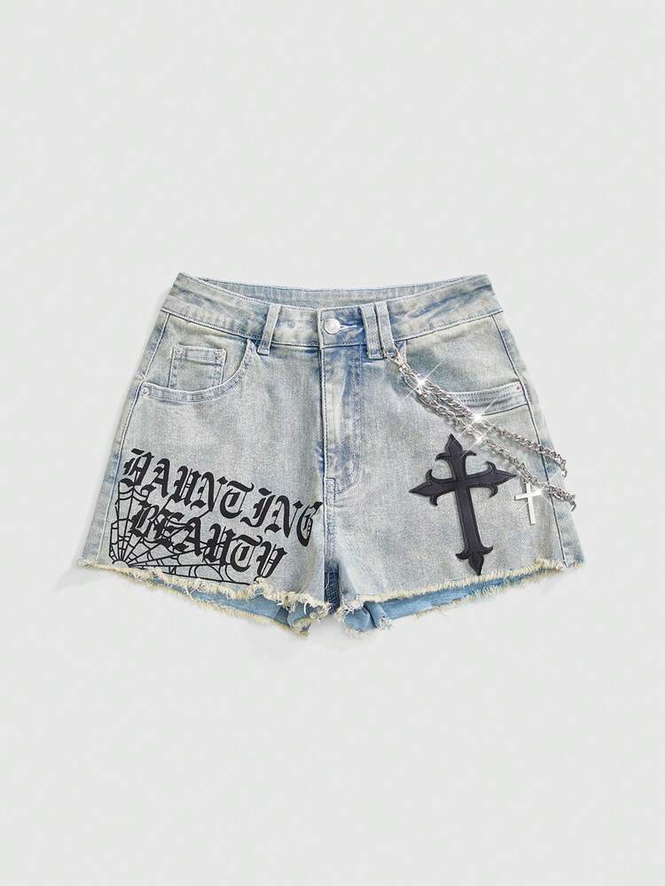 ROMWE Grunge Punk 街頭復古水洗哥德印花鏈條十字架女款牛仔短褲 - 藍色 - 查看 1