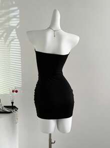 Sweetra Women's Sexy Fitted Strapless Metal Buckle Short Bodycon Dress - Black - View 3