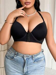SHEIN 1pc Plus Size Lace Patchwork Front Close Racerback Underwire Bra - Black - View 4