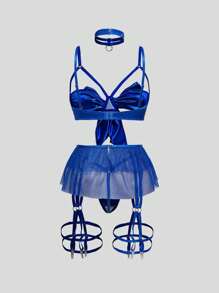 ROMWE Goth Conjunto de lencería sexy que incluye sujetador con aros, tanga y minifalda con lazo