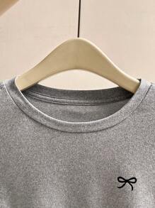 INAWLY 女士圆领长袖休闲 T 恤，带蝴蝶结细节，简约设计，适合春季 - 灰色 - 查看 3