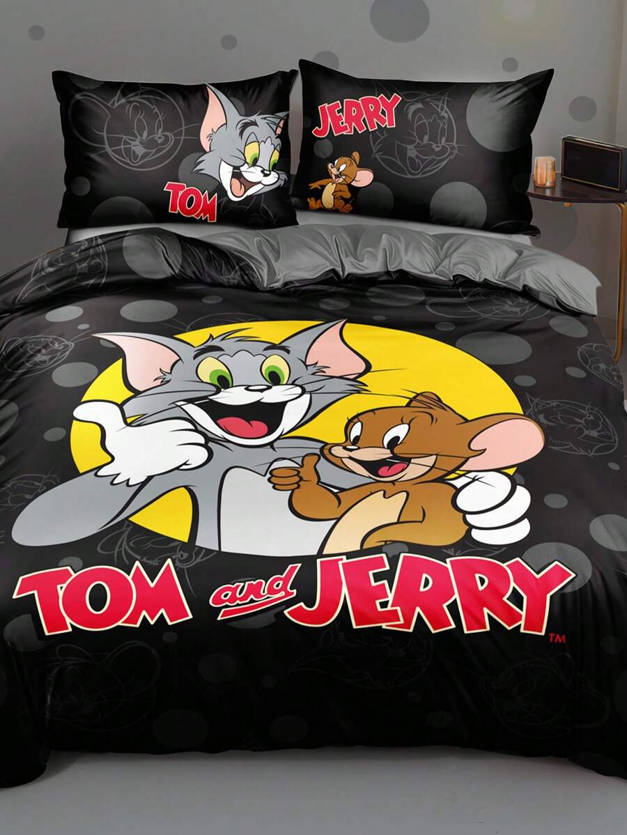 TOM & JERRY X SHEIN Bộ chăn ga gối họa tiết hoạt hình 3 món, chất liệu chải, mềm mại và ấm áp, màu đen, có nhiều kích cỡ cho giường đơn/đôi/queen/king - màu đen - Xem 1