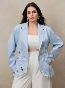 Anewsta Plus Size Women Blue & White Striped Embroidered Blazer Graduation,Back To School,Teacher Outfits For Women - Blue and White - View 2