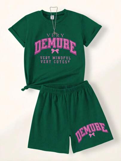 SHEIN Explorewe 2pcs/Set Girls Set Casual Comfy Simple Cartoon Bow & Letter Print T-Shirt Matched With Black Sport Shorts, Versatile For Spring/Summer Everyday Wear, School, Campus, College Summer Holiday