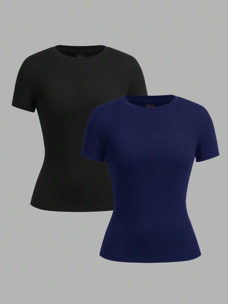 SHEIN EZwear 2 chiếc áo lót cổ tròn tay ngắn cơ bản thường ngày, màu đen và xanh navy, mùa xuân/hè - Nhiều màu - Xem 1