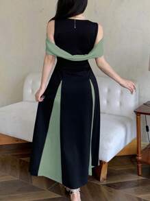 Modelyn Váy bó sát hở vai dệt kim hai tông màu dành cho nữ, thanh lịch cho những dịp trang trọng và hẹn hò - Đen và xanh lá cây - Xem 2