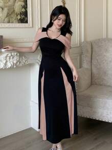 Modelyn 女士双色针织荷叶边露肩紧身连衣裙，优雅适合派对和约会 - 珊瑚粉 - 查看 5