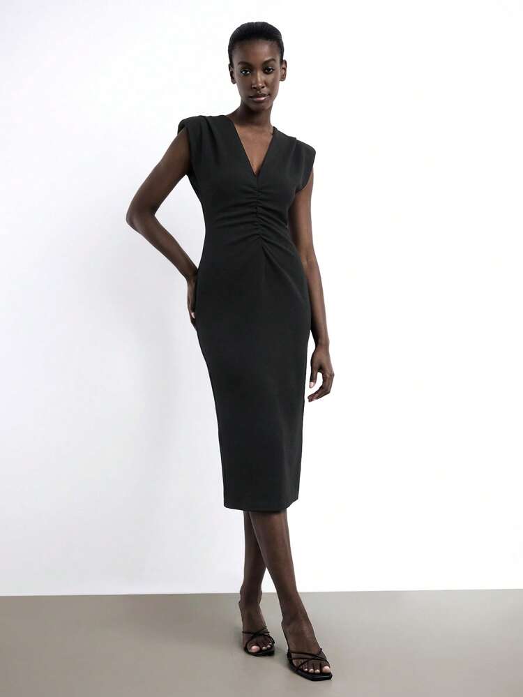 SHEIN Maija New V-Neck Wide Shoulder Pad Front Ruched Design Women's Dress, Elegant And Chic, Spring/Summer  St Patrick's Day Women Easter Summer Outfits Easter Dress Women Party Top Beach Dress Summer Holiday Outfits Each Vacation Outfits For Women Elegant Women's Blouses Casual Blouse For Women Formal Attire For Women Office Wear Women Business