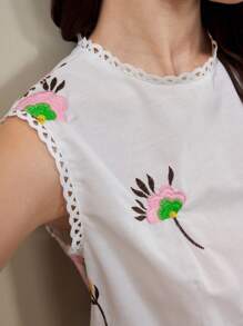 Muvela Women's Mini Dress, White Embroidery Round Neck Sleeveless Elastic Waist Ruffled Hem, Summer - White - View 5