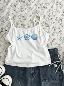 SHEIN EZwear 女士休闲性感细肩带吊带背心，夏季适用，夏威夷、海星、贝壳、芙蓉印花 - 白色 - 查看 2