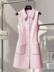 SHEIN Clasi 标准尺寸女式纯色衬衫领白色编织腰带装饰口袋设计连衣裙 - 粉色 - 查看 1