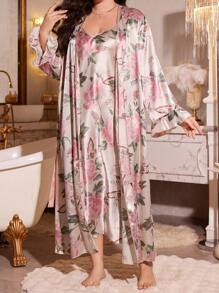 SHEIN MuseNap CURVE Plus Size Faux Silk Floral Print Cami Nightgown And Robe Set, Cozy And Elegant Details, Clothes, Fall & Winter - Multicolor - View 7