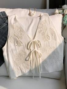 Comfortcana 女士白色镂空刺绣系带编织背心 - 白色 - 查看 7