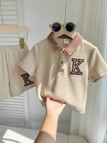2pcs Boy Casual Knitted Contrast Color Half-Zip Sweater And Solid Elastic Waist Shorts Set,Summer,Career Day,Back-To-School Young Boys Matching Sets - Khaki - View 5