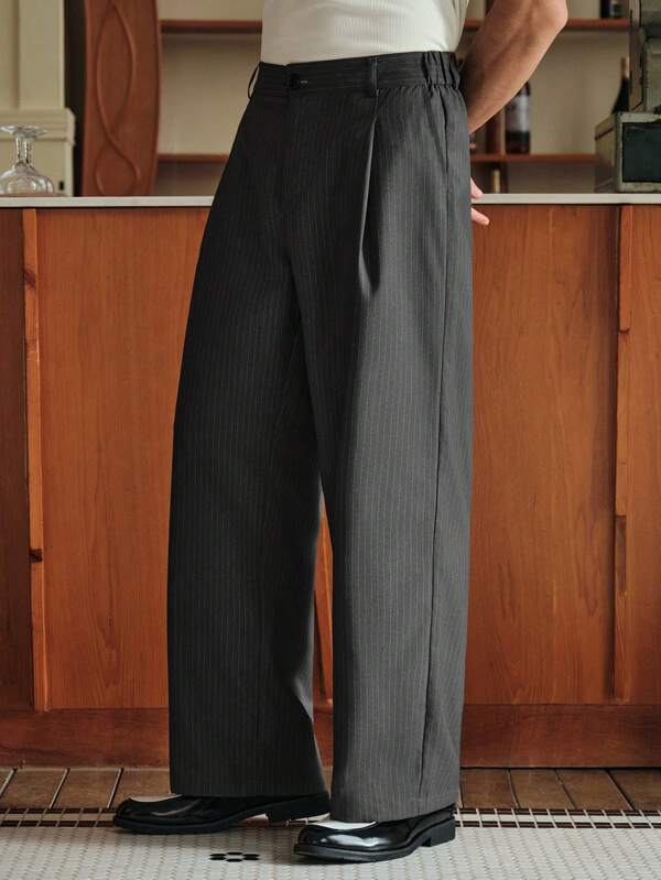 SWAVVY Men's Striped Print Fold Pleated Business Casual Suit Pants