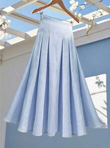 Chiquease 女式休闲条纹印花褶皱喇叭裙，春夏 - 藍色 - 查看 7