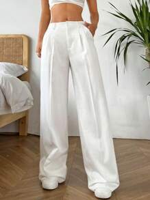 SHEIN EZwear Pantalones Holgados Y Plisados De Color Sólido Para Mujer - Blanco - Ver 4