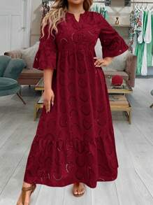 SHEIN LUNE 加大码连衣裙情人节红色连衣裙女士长裙夏季连衣裙夏季波西米亚风复古款 - 酒紅色 - 查看 3