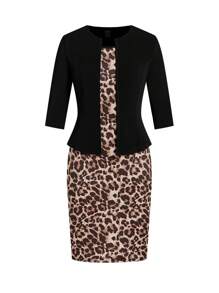 Ellevyn 2pcs Set: Black Fitted Mid-Sleeve Jacket + Mesh Leopard Print Sleeveless Midi Fitted Dress