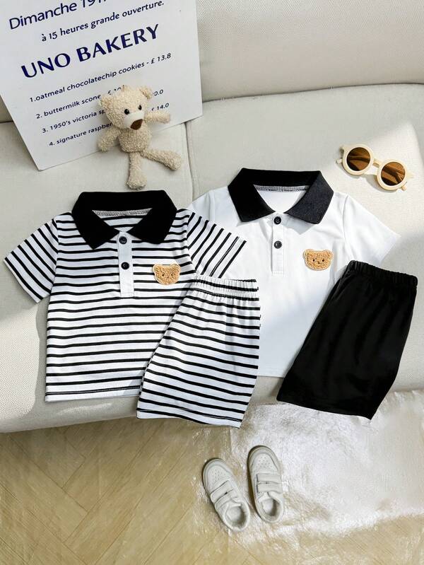 SHEIN 4 buc/pachet pentru bebeluși băieți, nou-născuți, 0-3 ani, drăguț, jucăuș, casual, mic domn, ursuleț de pluș, mânecă scurtă, tricou polo cu dungi, set ținută alb-negru