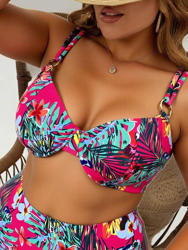 Swim Lushoire Plus Size Women's Multi-Color Printed Wire-Free Adjustable Strap Metal Ring Decor Sexy Elegant Casual Beach Vacation Swimsuit Top