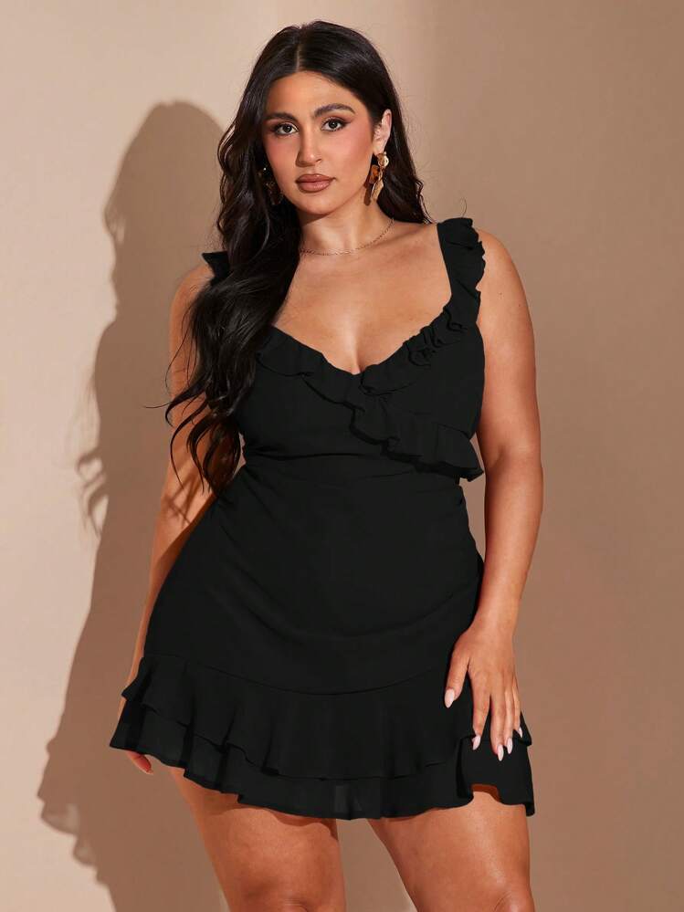 SHEIN BAE Vestido mini elegante, romántico y sexy con cuello en V, dulce y versátil para citas, con volantes rojos en el bajo, vestido casual de verano para playa, vacaciones y fiestas, vestido fluido para mujer de talla grande - Negro - Añade 1