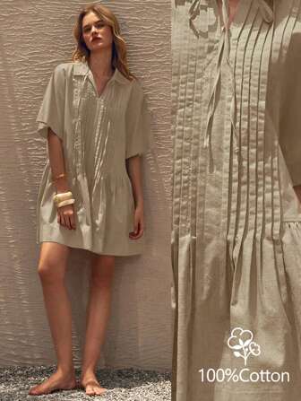 Lumivelle 女式休闲宽松衬衫领褶饰抽绳短款连衣裙，春夏