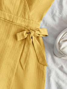 Soleia Ladies' Textured Woven Pale Blue V-Neck Cap Sleeve Tie Back Bowknot Waist Wrap Wide Leg Jumpsuit, Vacation Outfit