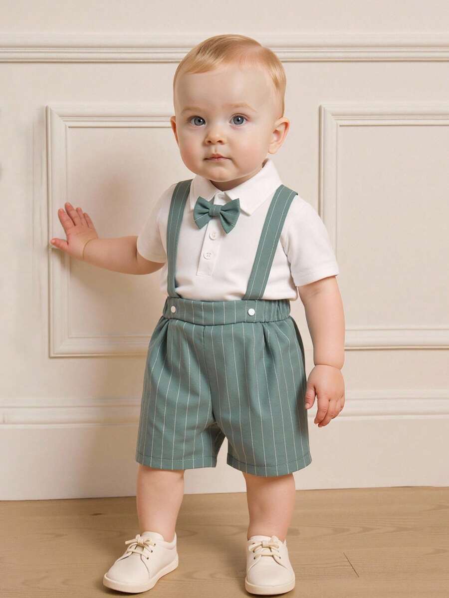 Souflis Souflis 2pcs Baby Boy Gentleman Outfit, Includes Collared Jumpsuit With Bowtie And Adjustable Suspender Shorts, Suitable For Occasions, Parties, Formal Events, Weddings, Christenings, Ceremonies And Birthday Celebrations, For Infants 1 Month To 2 Years Old, Baby Bodysuit,1st Birthday Outfit,Photoshoot Outfit, Summer,Kid Clothes,Toddler Clothes, Baby Western, Baby Outfit,Birthday Outfit,Baptism Outfit,Christening Plain - Multicolor - View 1